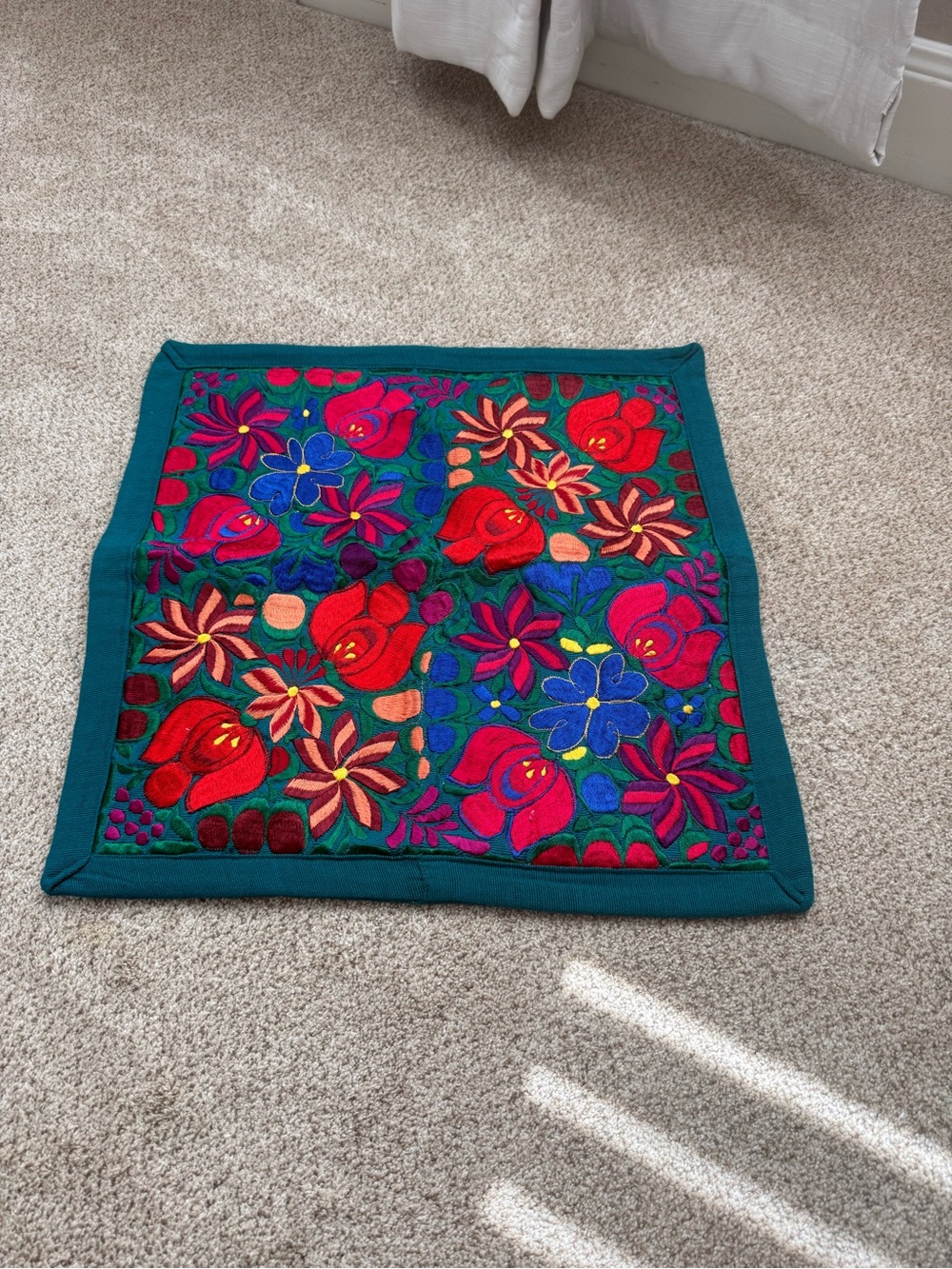 Hand-Embroidered Floral Accent Pillow Cover in Teal and Multi